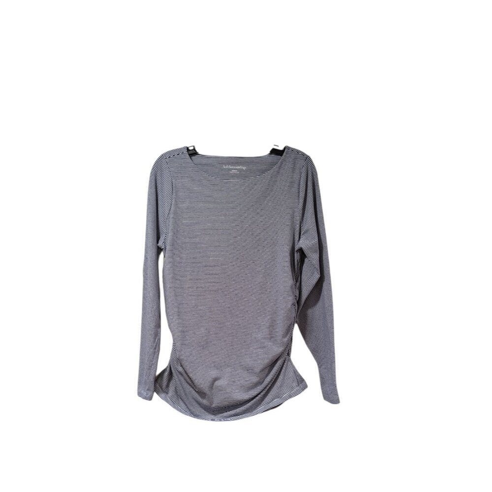 Soft Surroundings Blue Pin Striped Ruched Side Long Sleeve Coastal Blouse Sz M